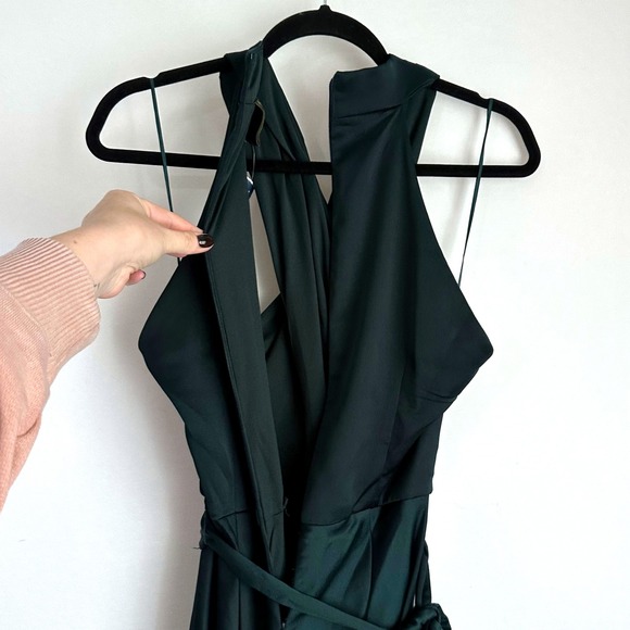 NWT Taylor Halter Neck Midi Dress Green Cross Satin Sleeveless Fit Flare Mermaid - Picture 8 of 11